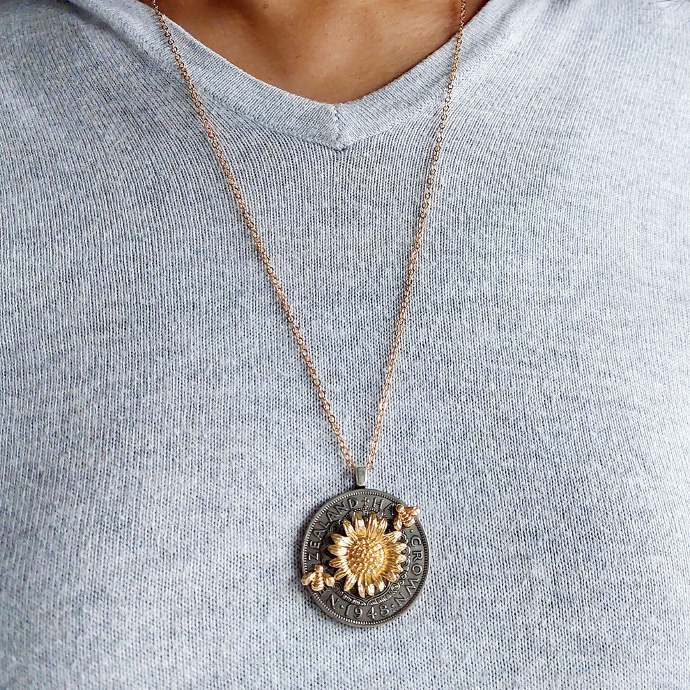 Sean Rainey - Re-minted Half Crown Pendant - Golden Sunflowers and Bees