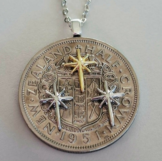 Sean Rainey - Matariki collection - Re-minted Half crown pendant with mixed metal stars