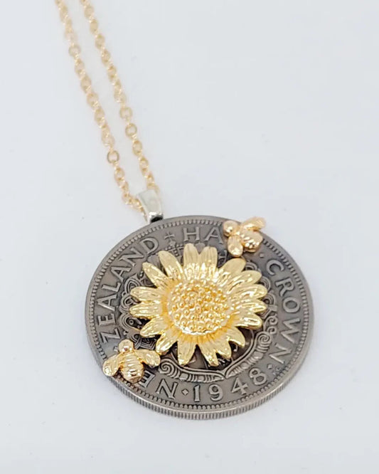 Sean Rainey - Re-minted Half Crown Pendant - Golden Sunflowers and Bees
