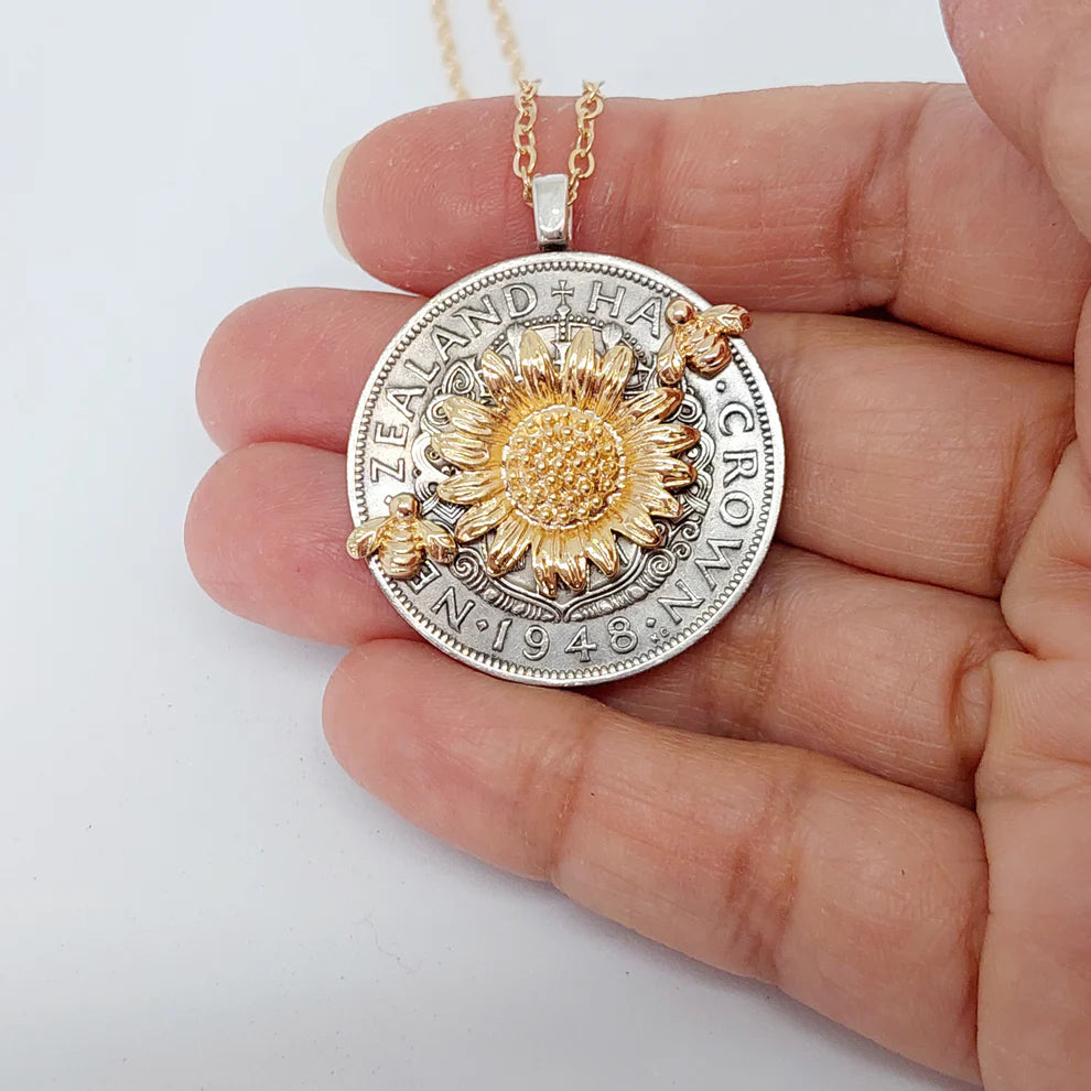 Sean Rainey - Re-minted Half Crown Pendant - Golden Sunflowers and Bees
