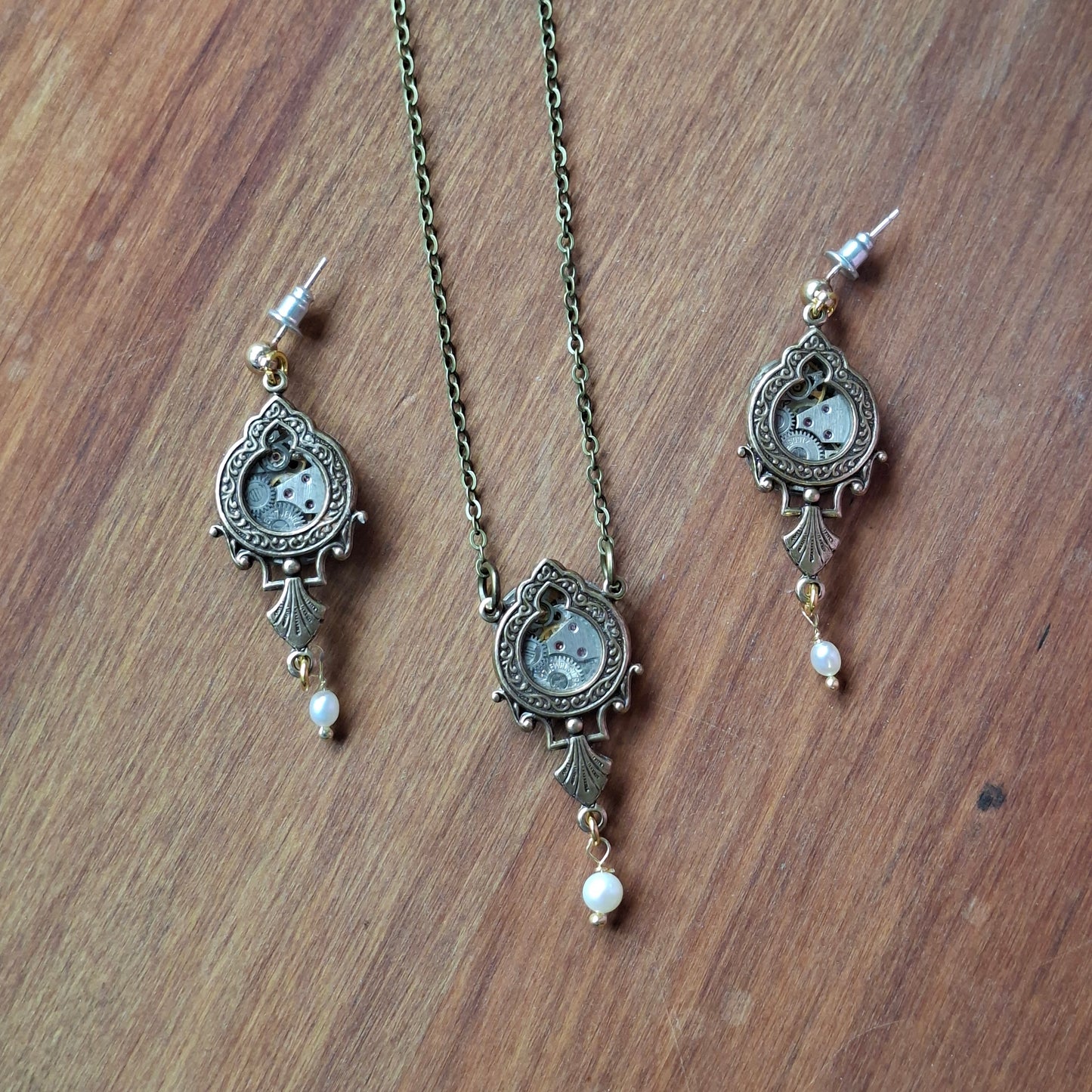 Sean Rainey - Brass Timepiece Ornate Window Pendant with Pearl