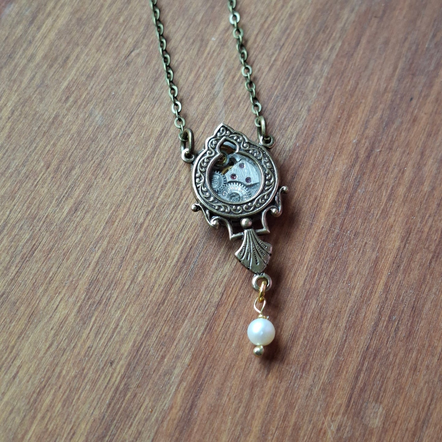 Sean Rainey - Brass Timepiece Ornate Window Pendant with Pearl