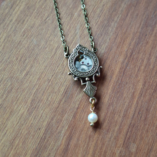 Sean Rainey - Brass Timepiece Ornate Window Pendant with Pearl