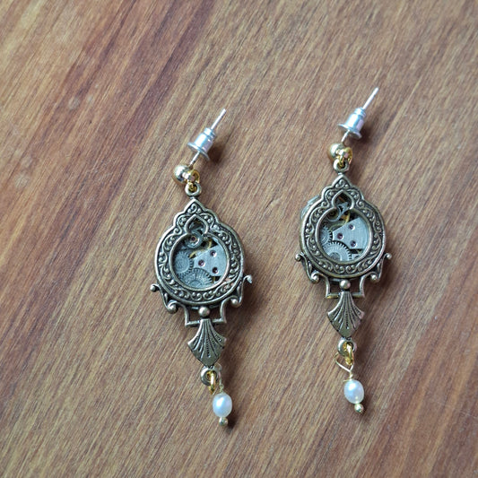 Sean Rainey - Brass Ornate Timepiece Window Earrings with Pearls